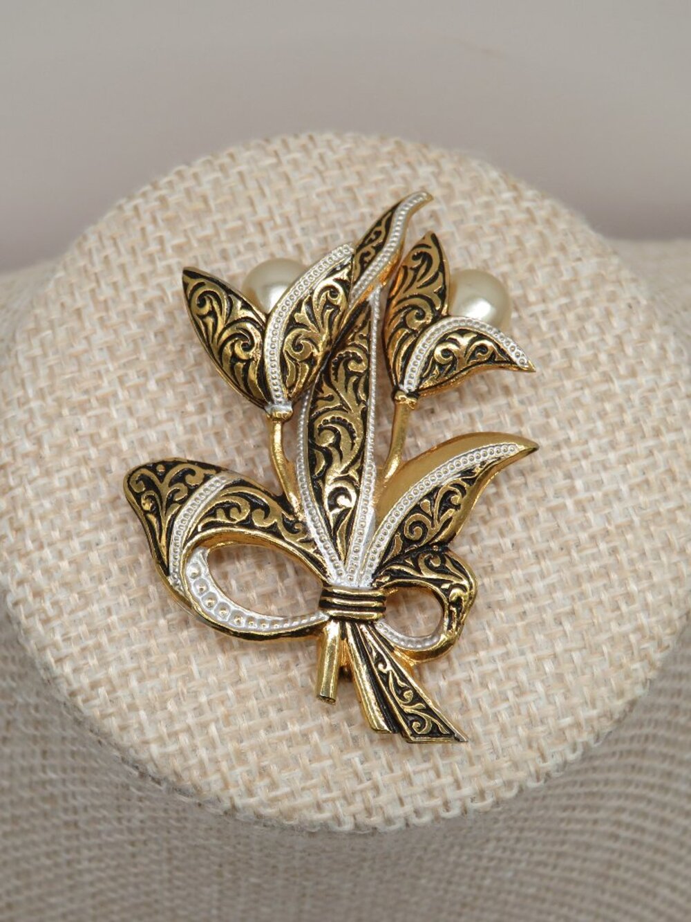 Vintage Damascene Floral Faux Pearl Brooch